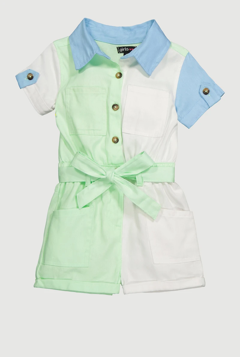 Toddler Girls Color Block Twill Romper with Tie Waist Belt