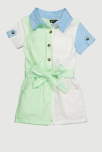 Toddler Girls Color Block Twill Romper with Tie Waist Belt