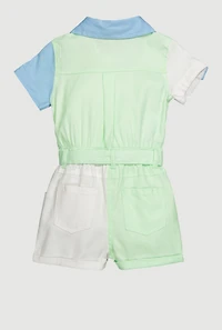 Toddler Girls Color Block Twill Romper with Tie Waist Belt