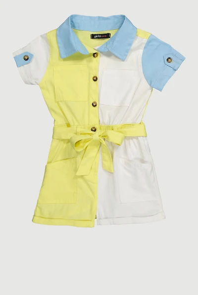 Toddler Girls Color Block Twill Romper with Tie Waist Belt