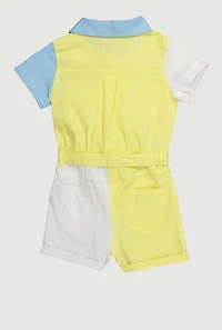Toddler Girls Color Block Twill Romper with Tie Waist Belt, Multi,