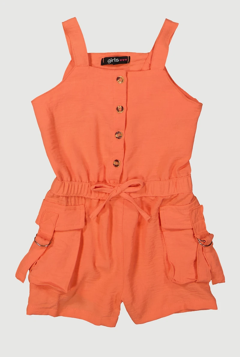 Toddler Girls Airy Button Front Utility Romper, Orange,