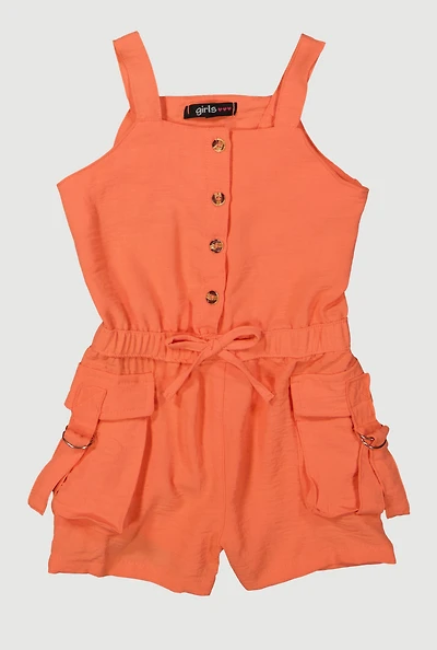 Toddler Girls Airy Button Front Utility Romper, Orange,