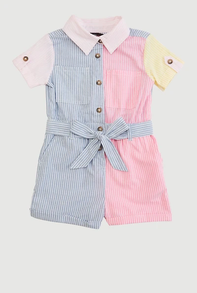 Toddler Girls Color Block Pinstripe Tie Waist Belted Romper