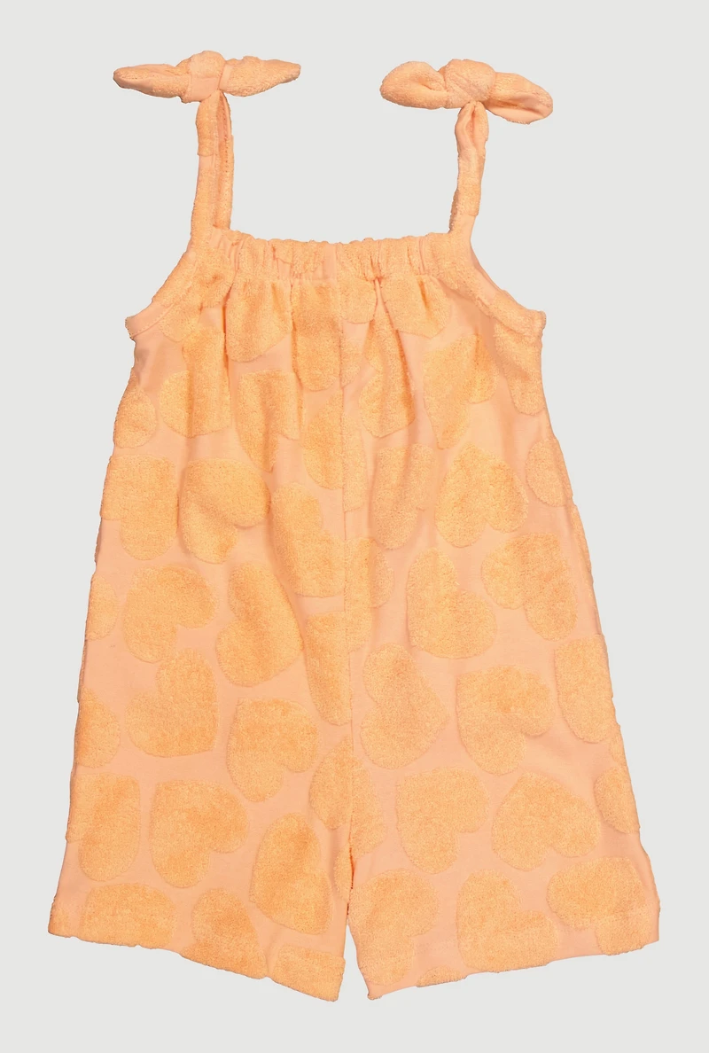 Toddler Girls Heart Pattern Terry Cloth Romper with Bow Straps, Orange, Size 2T