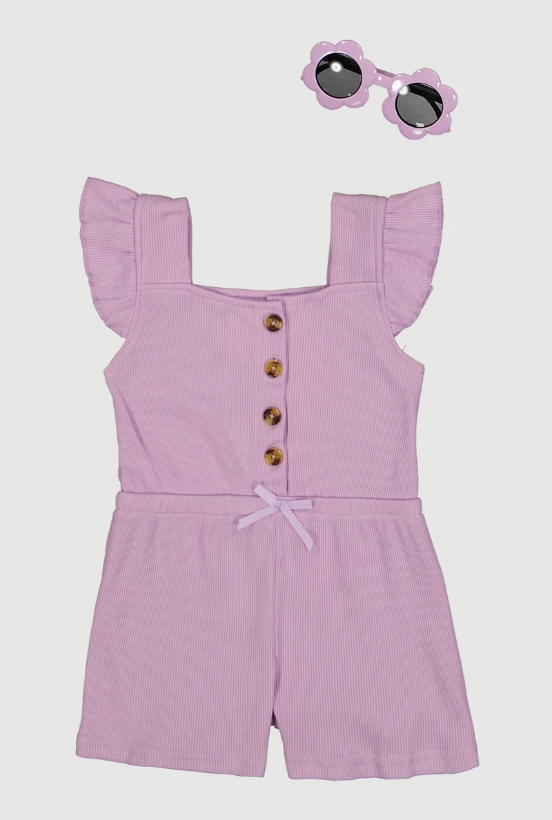 Toddler Girls Ribbed Knit Button Front Romper and Sunglasses