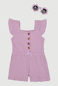 Toddler Girls Ribbed Knit Button Front Romper and Sunglasses