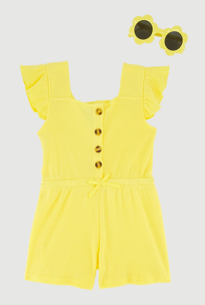 Toddler Girls Ribbed Knit Flutter Sleeve Romper with Sunglasses