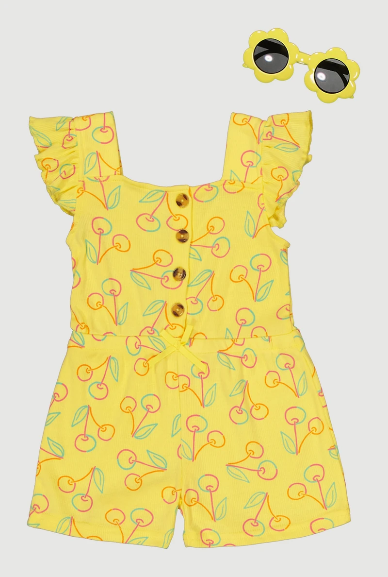 Toddler Girls Cherry Print Romper with Sunglasses