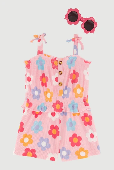 Toddler Girls Floral Ribbed Knit Button Front Romper and Sunglasses