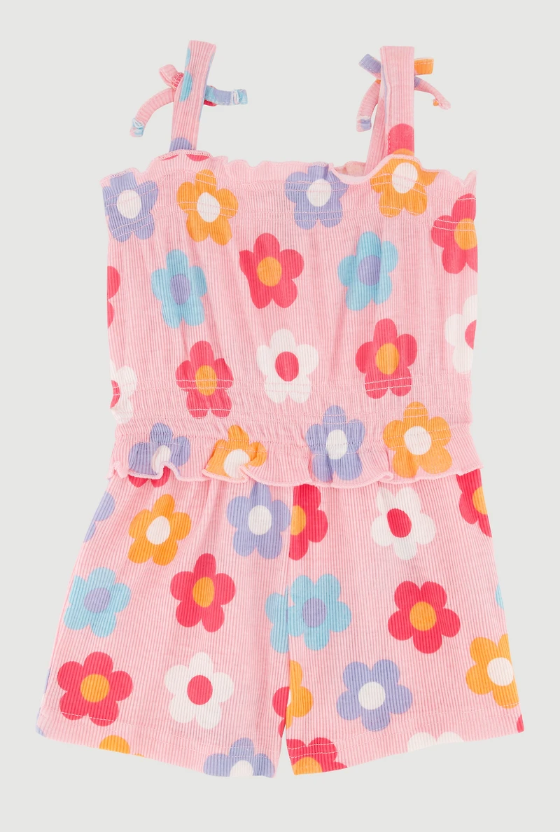 Toddler Girls Floral Ribbed Knit Button Front Romper and Sunglasses