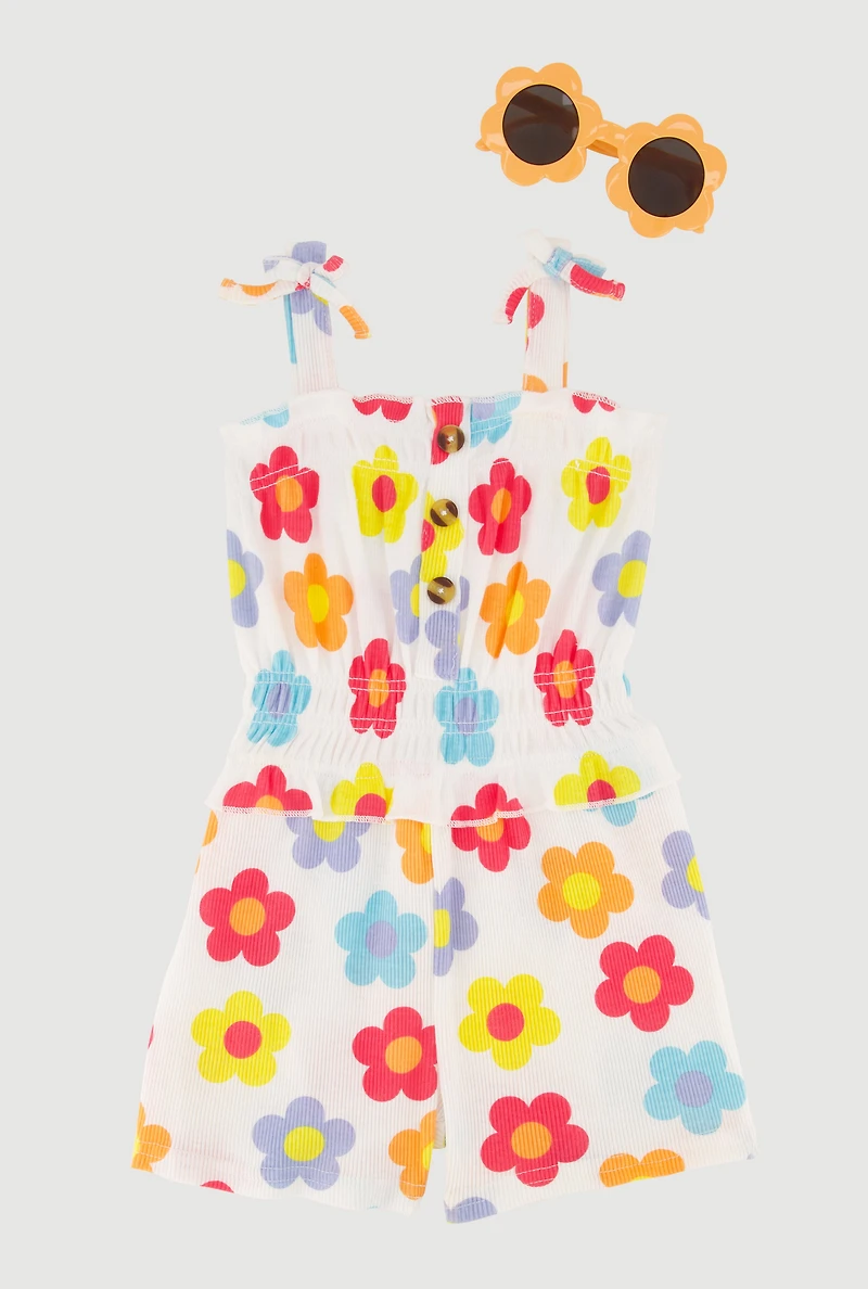 Toddler Girls Flower Print Romper with Sunglasses