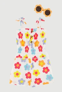 Toddler Girls Flower Print Romper with Sunglasses