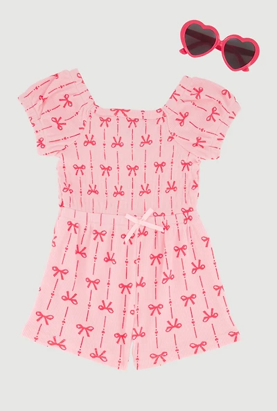 Toddler Girls Bow Print Ribbed Knit Romper with Sunglasses