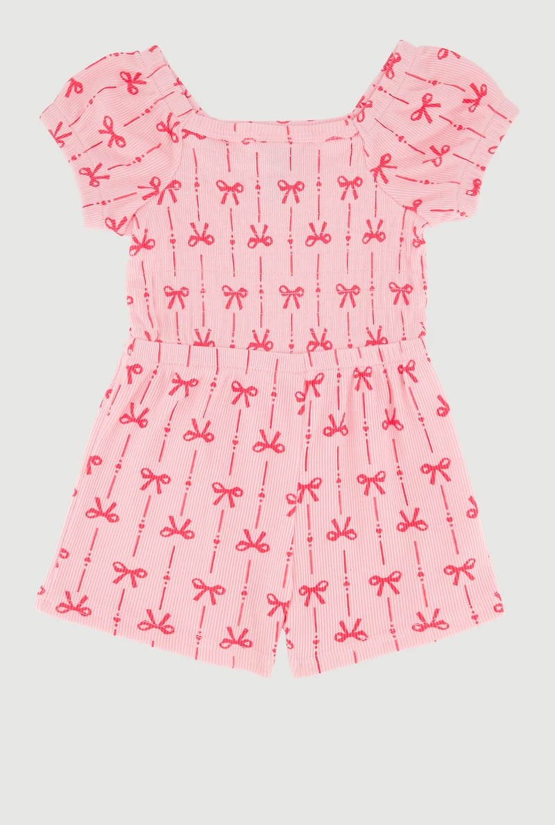 Toddler Girls Bow Print Ribbed Knit Romper with Sunglasses
