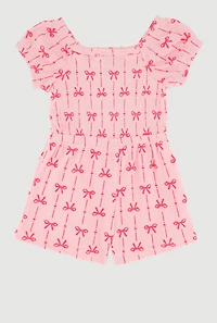 Toddler Girls Bow Print Ribbed Knit Romper with Sunglasses