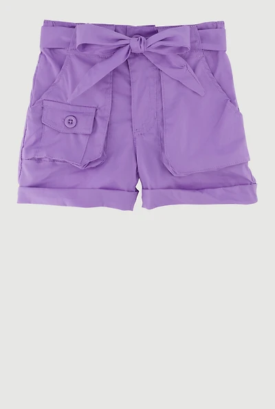 Toddler Girls High Waisted Poplin Shorts with Tie Waist Belt,
