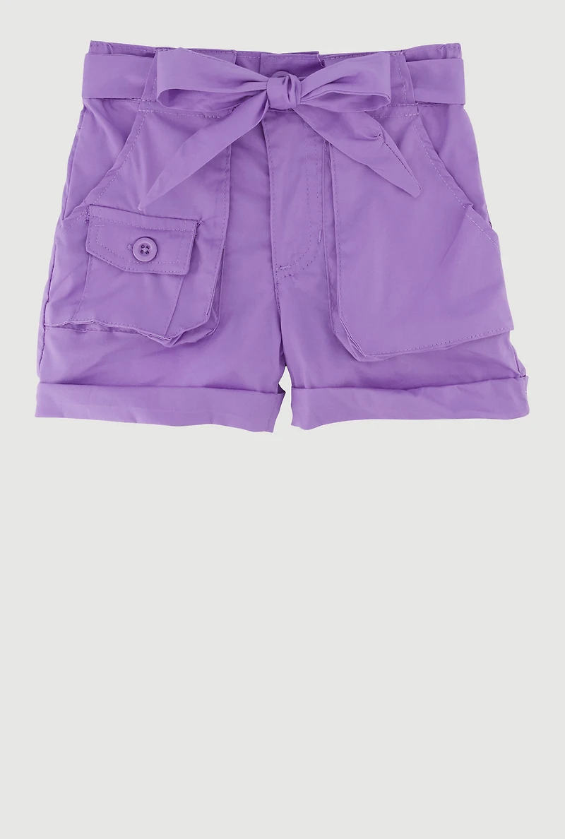 Toddler Girls High Waisted Poplin Shorts with Tie Waist Belt, Purple, Size 4T