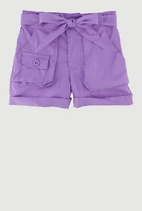Toddler Girls High Waisted Poplin Shorts with Tie Waist Belt, Purple, Size 4T