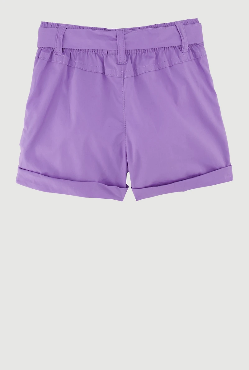 Toddler Girls High Waisted Poplin Shorts with Tie Waist Belt, Purple, Size 3T