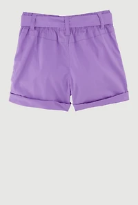 Toddler Girls High Waisted Poplin Shorts with Tie Waist Belt, Purple, Size 3T