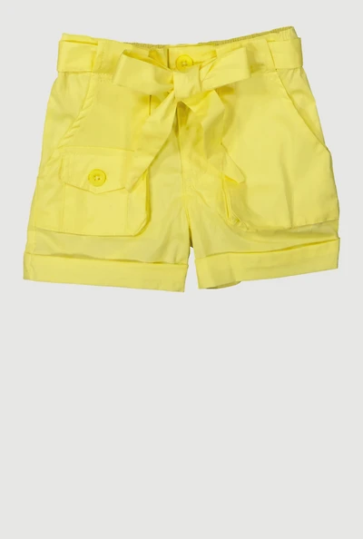 Toddler Girls High Waisted Poplin Shorts with Tie Waist Belt, Yellow,
