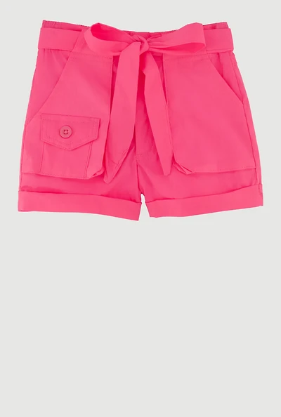 Toddler Girls High Waisted Poplin Shorts with Tie Waist Belt,