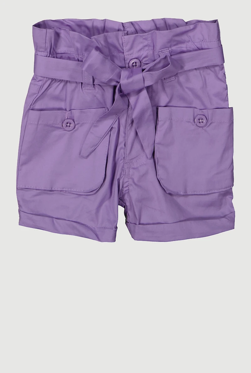 Toddler Girls Trendy Cargo Shorts with Tie Waist Belt, Purple, Size 3T