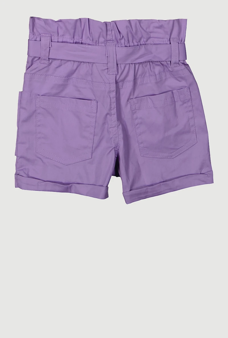 Toddler Girls Trendy Cargo Shorts with Tie Waist Belt, Purple,