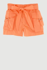 Toddler Girls Stylish Cargo Shorts with Tie Waist Belt, Orange, Size 4T