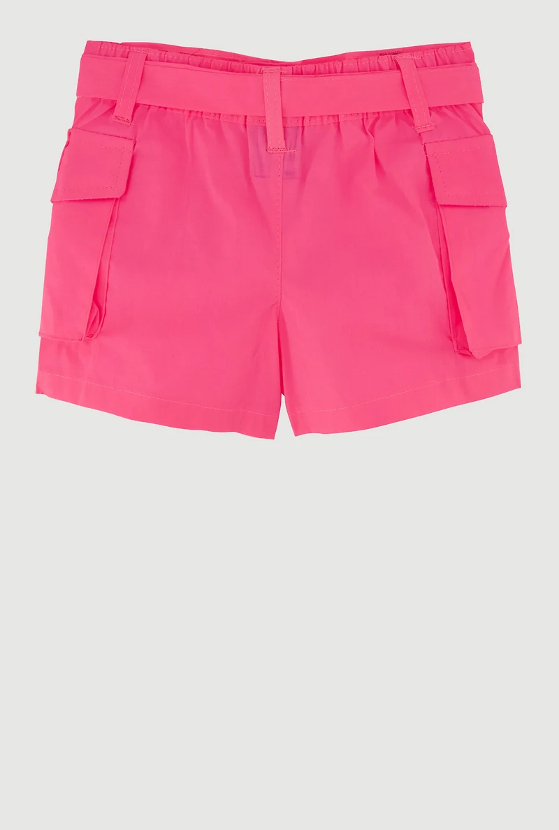 Toddler Girls Stylish Cargo Shorts with Tie Waist Belt, Pink, Size 2T