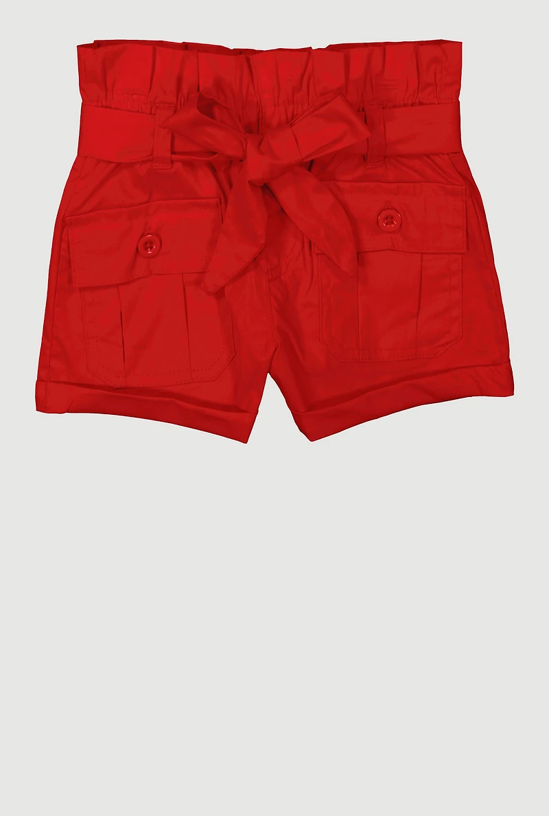 Toddler Girls Trendy Paper Bag Waist Cargo Shorts with Tie Belt,