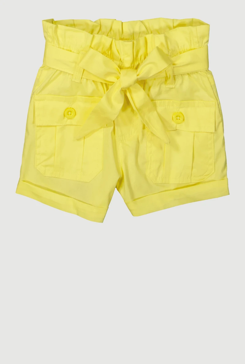 Toddler Girls Trendy Paper Bag Waist Cargo Shorts with Tie Belt, Yellow,