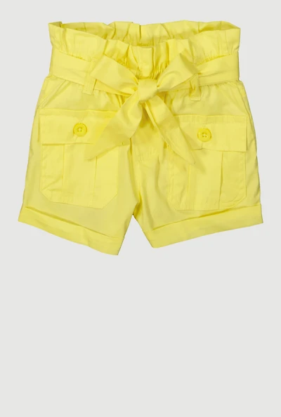 Toddler Girls Trendy Paper Bag Waist Cargo Shorts with Tie Belt, Yellow,