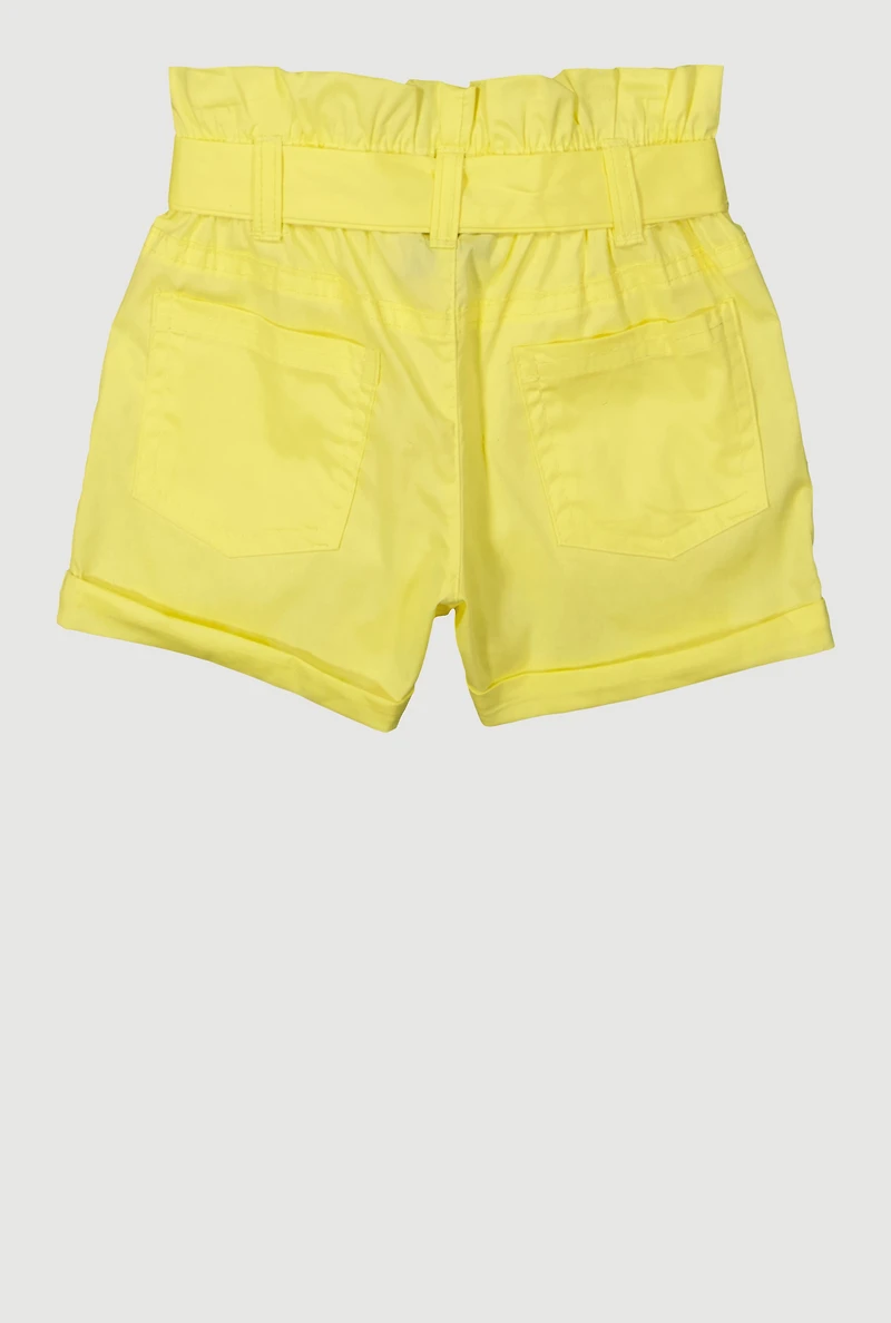 Toddler Girls Trendy Paper Bag Waist Cargo Shorts with Tie Belt, Yellow,