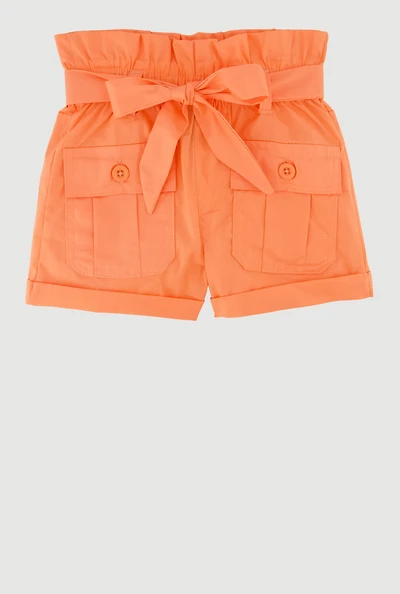 Toddler Girls Trendy Paper Bag Waist Cargo Shorts with Tie Belt,