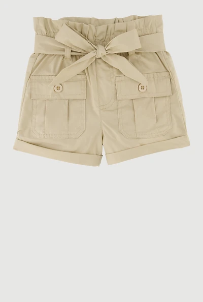 Toddler Girls Trendy Paper Bag Waist Cargo Shorts with Tie Belt,