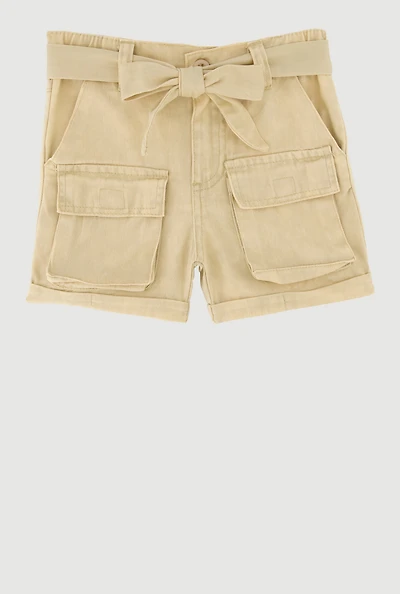 Toddler Girls Trendy Denim Cargo Shorts with Tie Waist Belt, Khaki, Size 4T