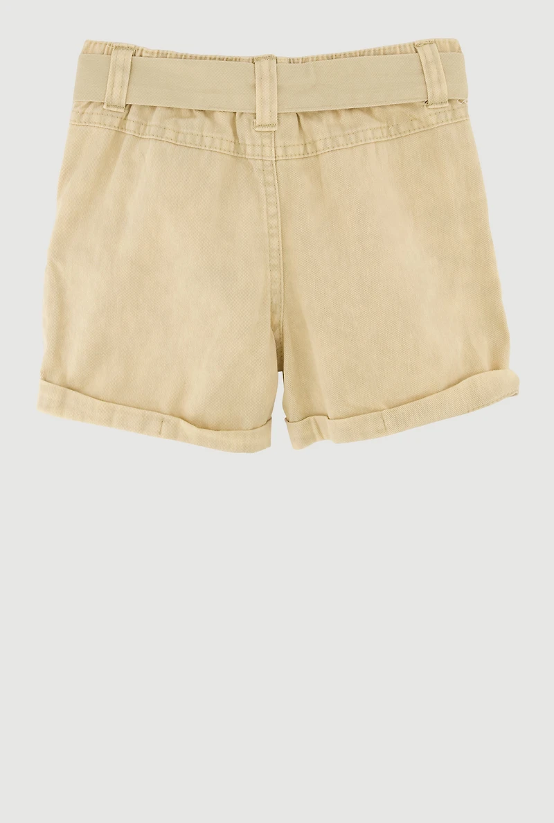 Toddler Girls Trendy Denim Cargo Shorts with Tie Waist Belt, Khaki, Size 4T