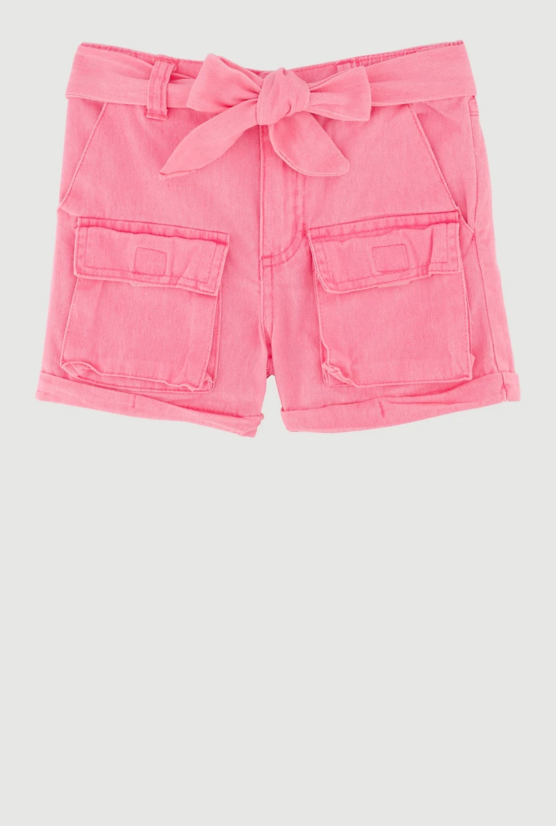 Toddler Girls Trendy Denim Cargo Shorts with Tie Waist Belt, Pink, Size 2T