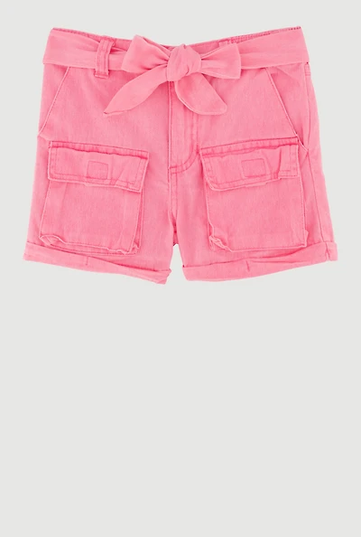 Toddler Girls Trendy Denim Cargo Shorts with Tie Waist Belt, Pink, Size 2T