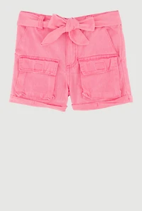 Toddler Girls Trendy Denim Cargo Shorts with Tie Waist Belt, Pink, Size 2T