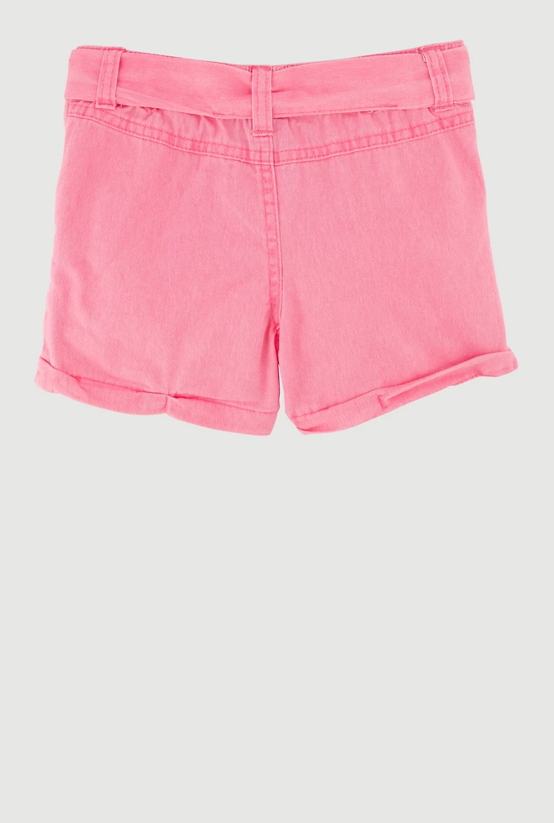 Toddler Girls Trendy Denim Cargo Shorts with Tie Waist Belt, Pink, Size 2T
