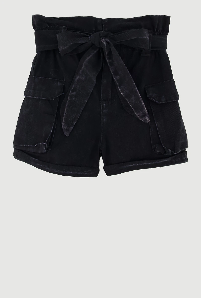 Toddler Girls Denim Cargo Shorts with Tie Waist Belt,