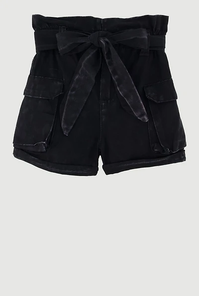 Toddler Girls Denim Cargo Shorts with Tie Waist Belt, Black, Size 3T