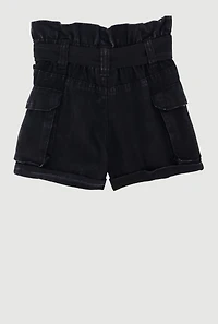 Toddler Girls Denim Cargo Shorts with Tie Waist Belt, Black,