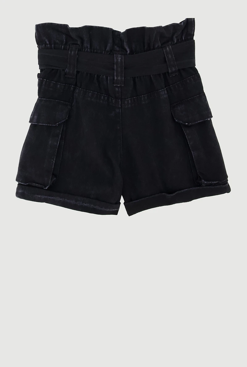 Toddler Girls Denim Cargo Shorts with Tie Waist Belt