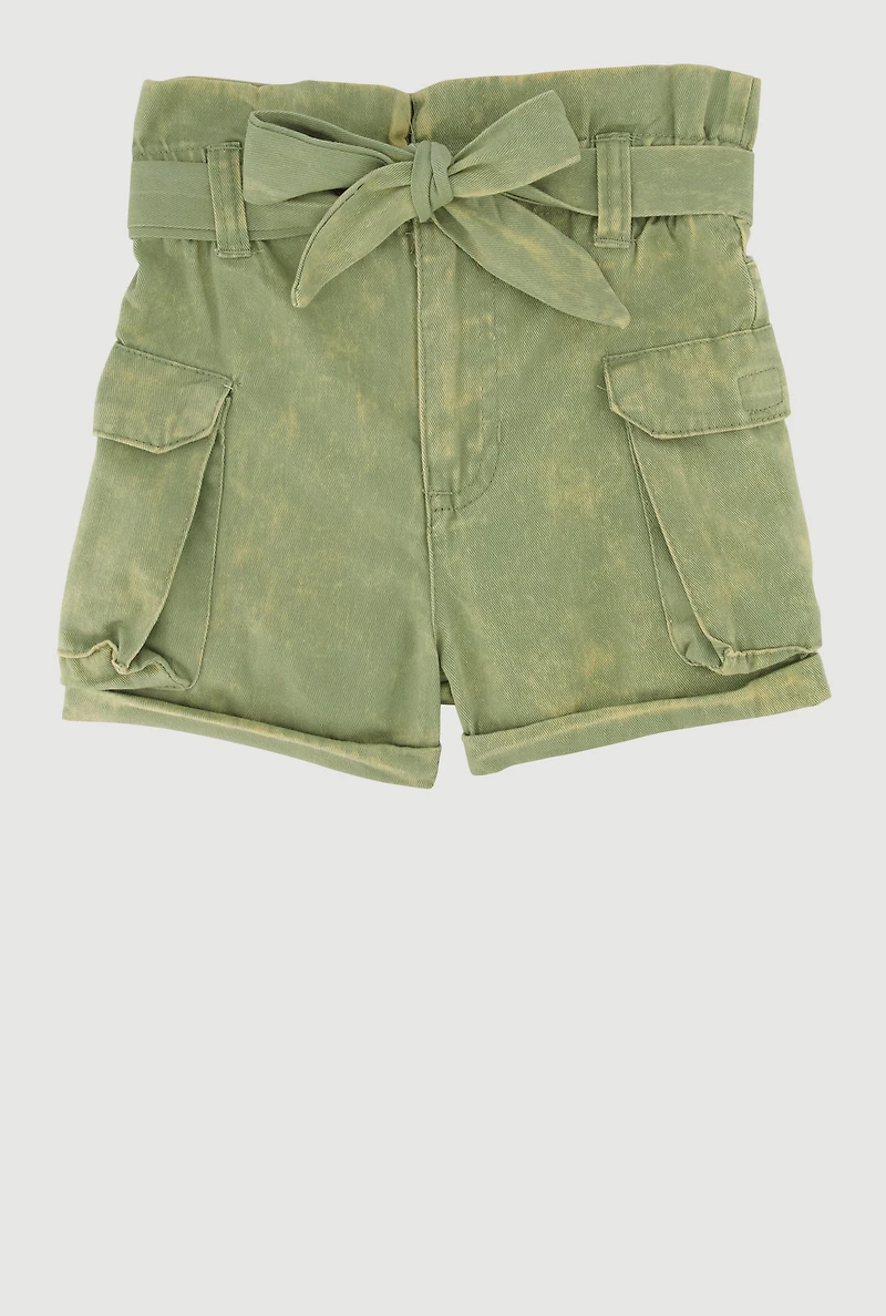 Toddler Girls Denim Cargo Shorts with Tie Waist Belt, Green, Size 2T