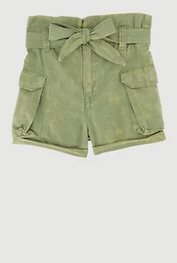 Toddler Girls Denim Cargo Shorts with Tie Waist Belt, Green, Size 2T