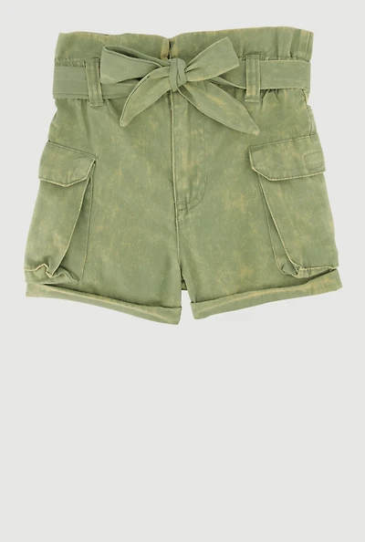Toddler Girls Denim Cargo Shorts with Tie Waist Belt